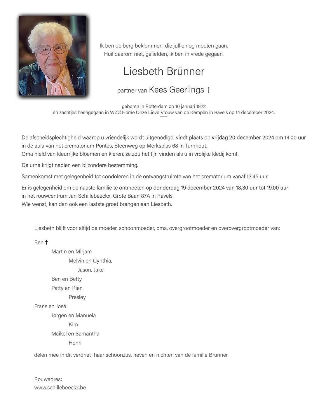 Brünner Liesbeth rouwkaart