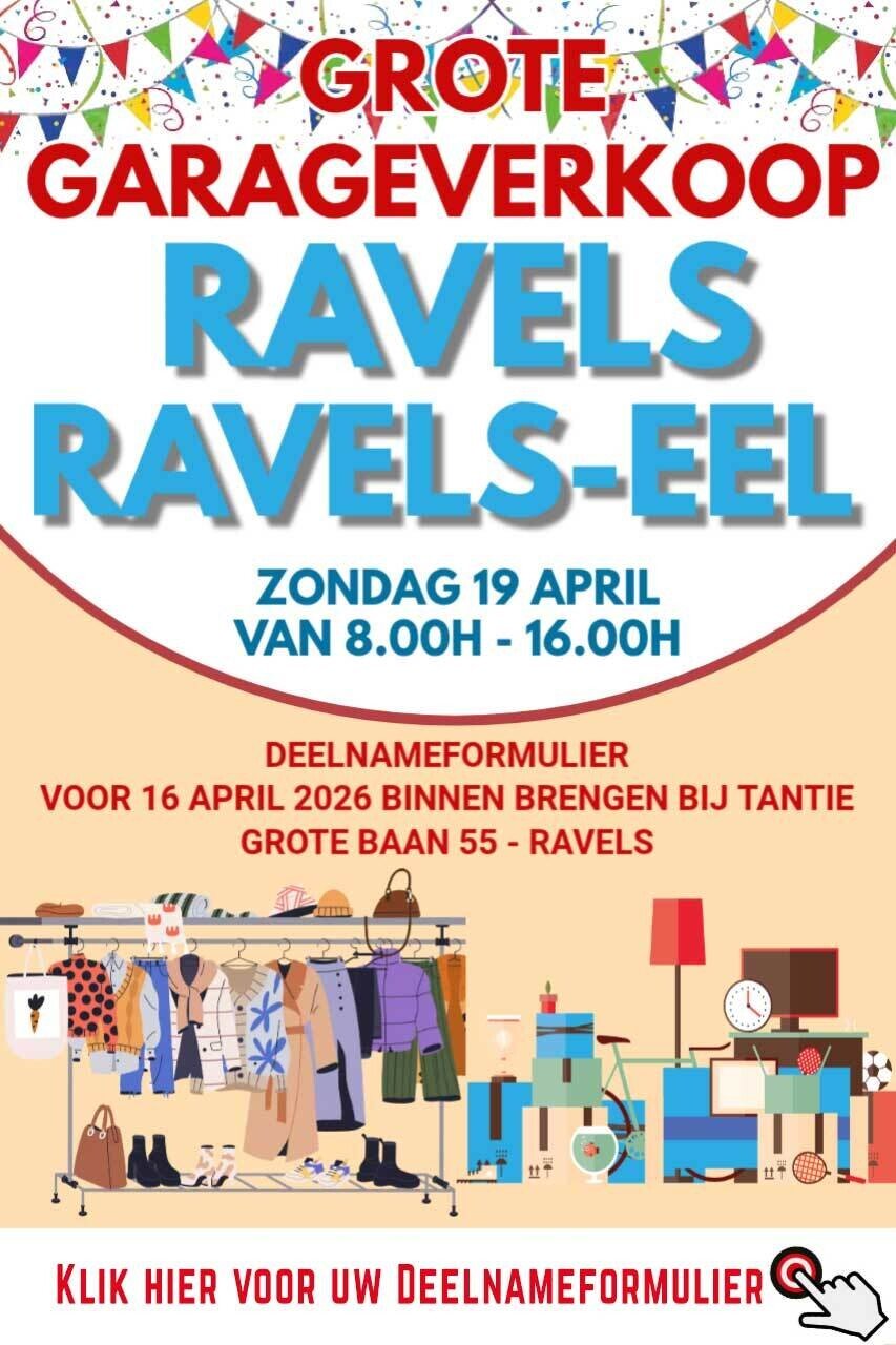 Garageverkoop in Ravels op zondag 19 april 2026.